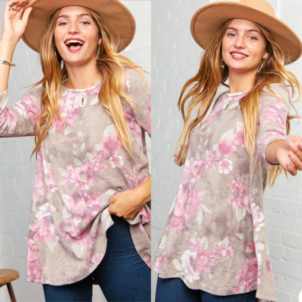 Ivory grey pink floral 3/4 sleeve blouse